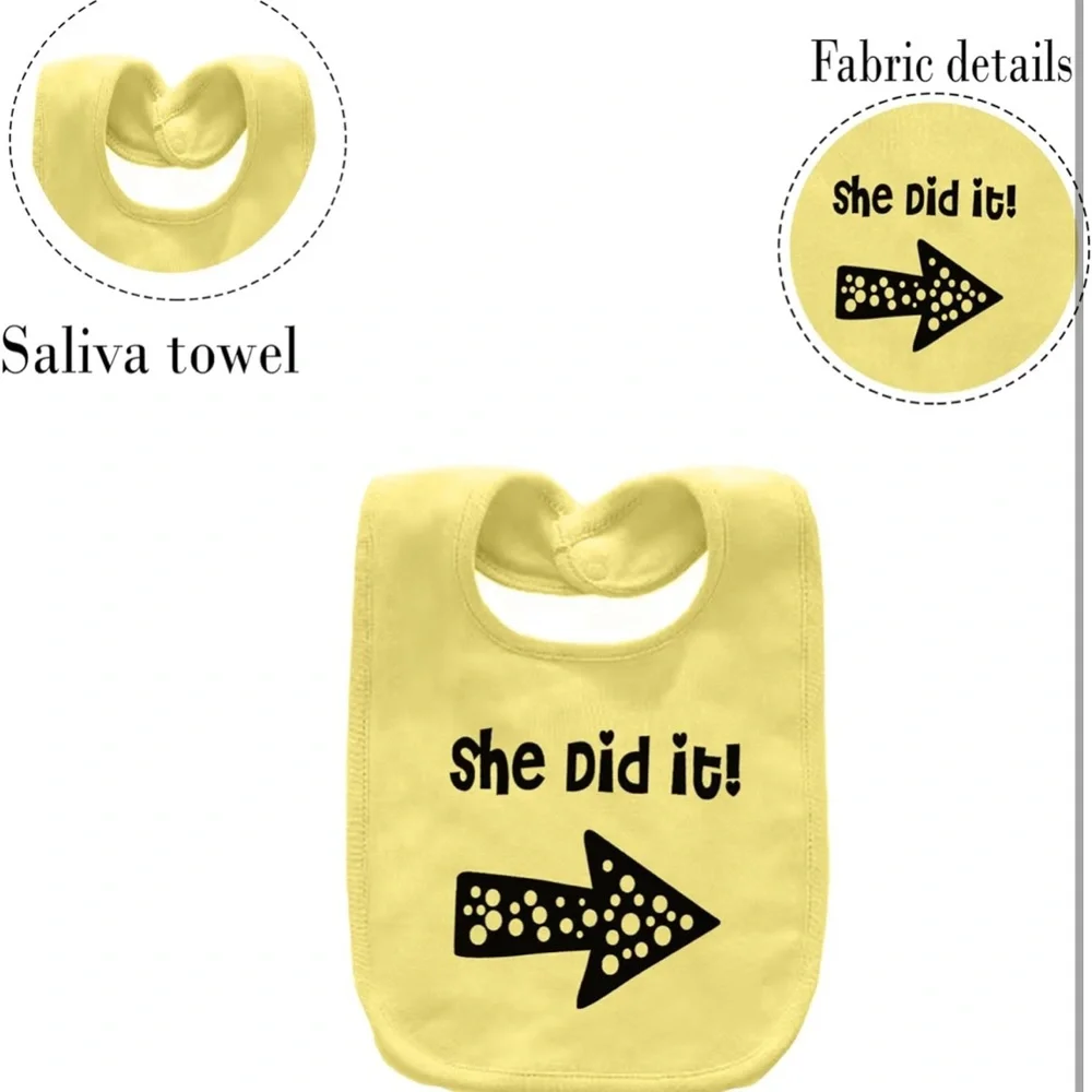 Matching Twin Baby Bibs, He/She Did It, yellow